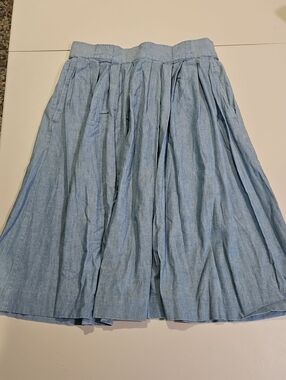 BOGO $10 Cotton Chambray A-Line Vintage Midi Skirt Classic Pleated Style 0218